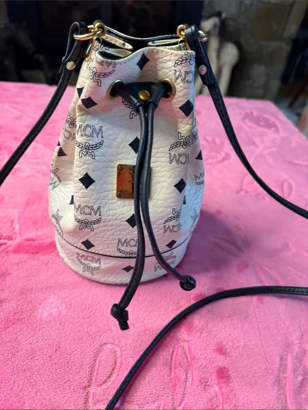 MCM Visetos Round Mini Drawstring Bucket Bag Cream/Black Gold Plate Authentic